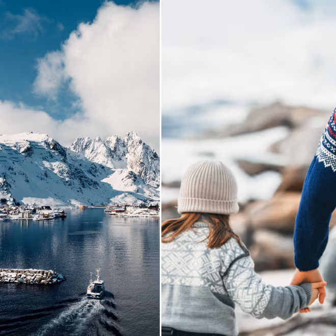 Collage with two photos, on the right Lofoten scenery, on the right, a child holding hands with a man.