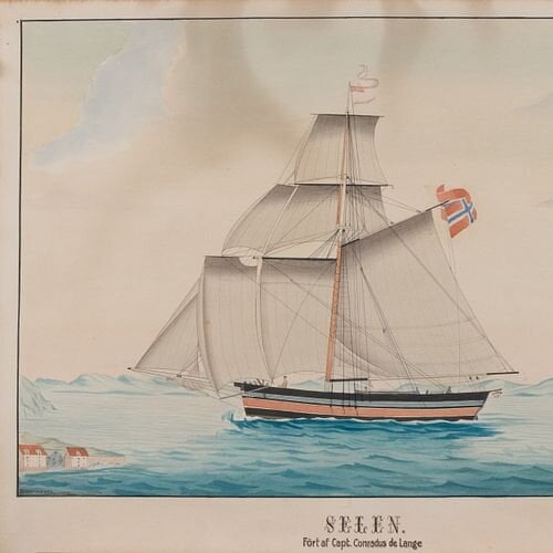 Dette maleriet av sluppen Selen er det nærmeste vi kommer et bilde av Restauration fordi den sluppen aldri selv ble avbildet. Maleriet er blitt brukt som grunnlag for de fleste illustrasjoner av Restauration. Foto: Stavanger maritime museum