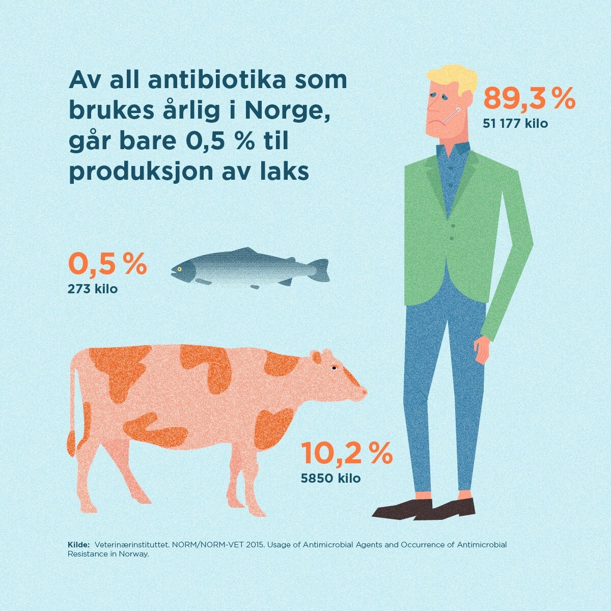 Av all antibiotika som brukes årlig i Norge går bare 0,5 prosent til produksjon av laks.