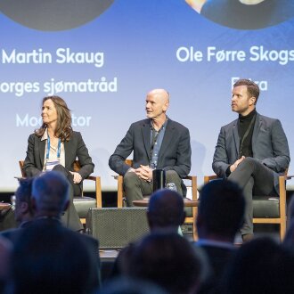 Fra Panelsamtalen "Sjømaten i spagaten". F.v.: Martin Skaug, Sjømatrådet, Even Tronstad Sagebakken, Statssekretær, Camilla Beck, Sjømatrådet, Owen Westergård, Lerøy Seafood og Ole Førre Skogstø, Extra. 