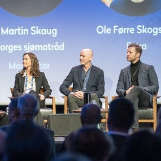 Fra Panelsamtalen "Sjømaten i spagaten". F.v.: Martin Skaug, Sjømatrådet, Even Tronstad Sagebakken, Statssekretær, Camilla Beck, Sjømatrådet, Owen Westergård, Lerøy Seafood og Ole Førre Skogstø, Extra. 